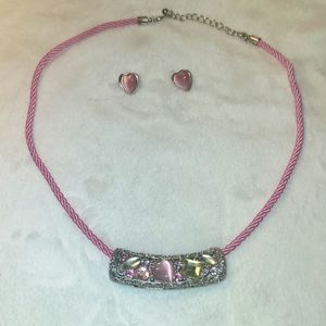 Vintage Pink Heart - Stones Necklace and Earring Set